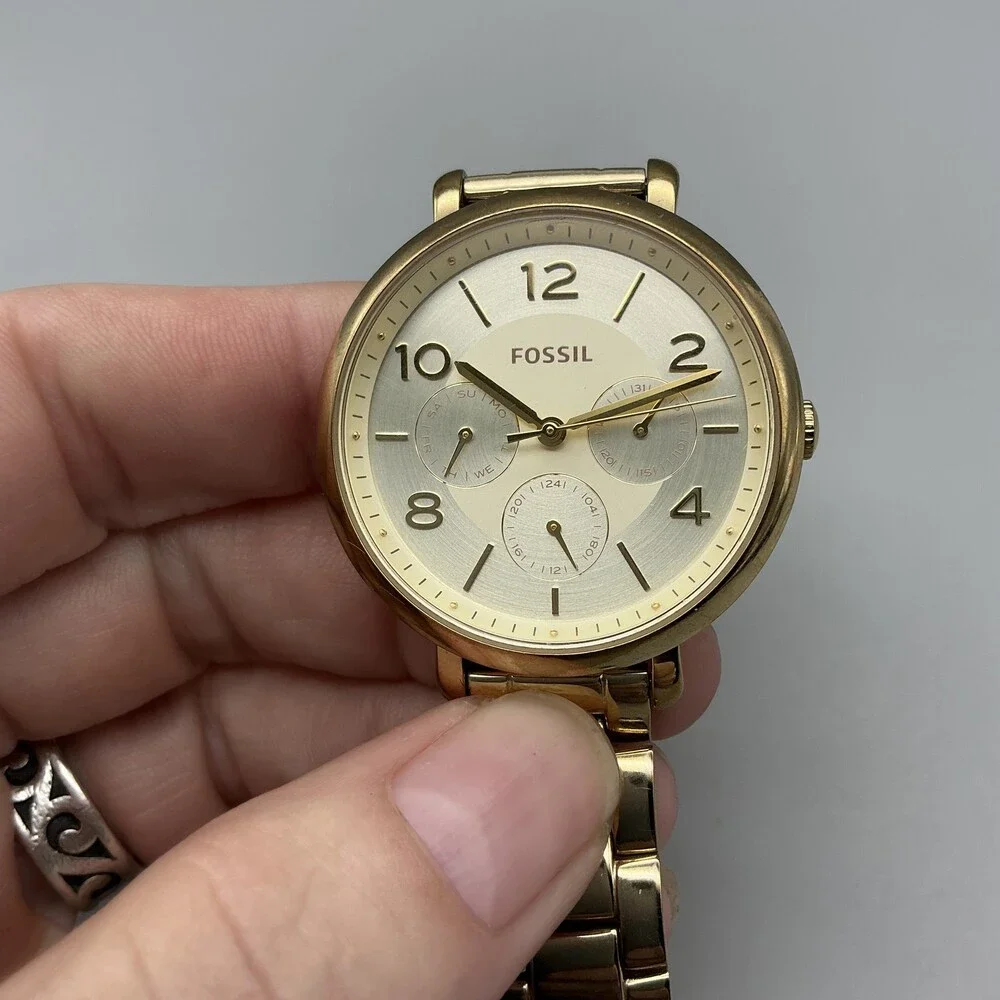 Fossil Womens Watch 36mm Gold Tone Champagne Dial Day Date ES3667 New Battery 6